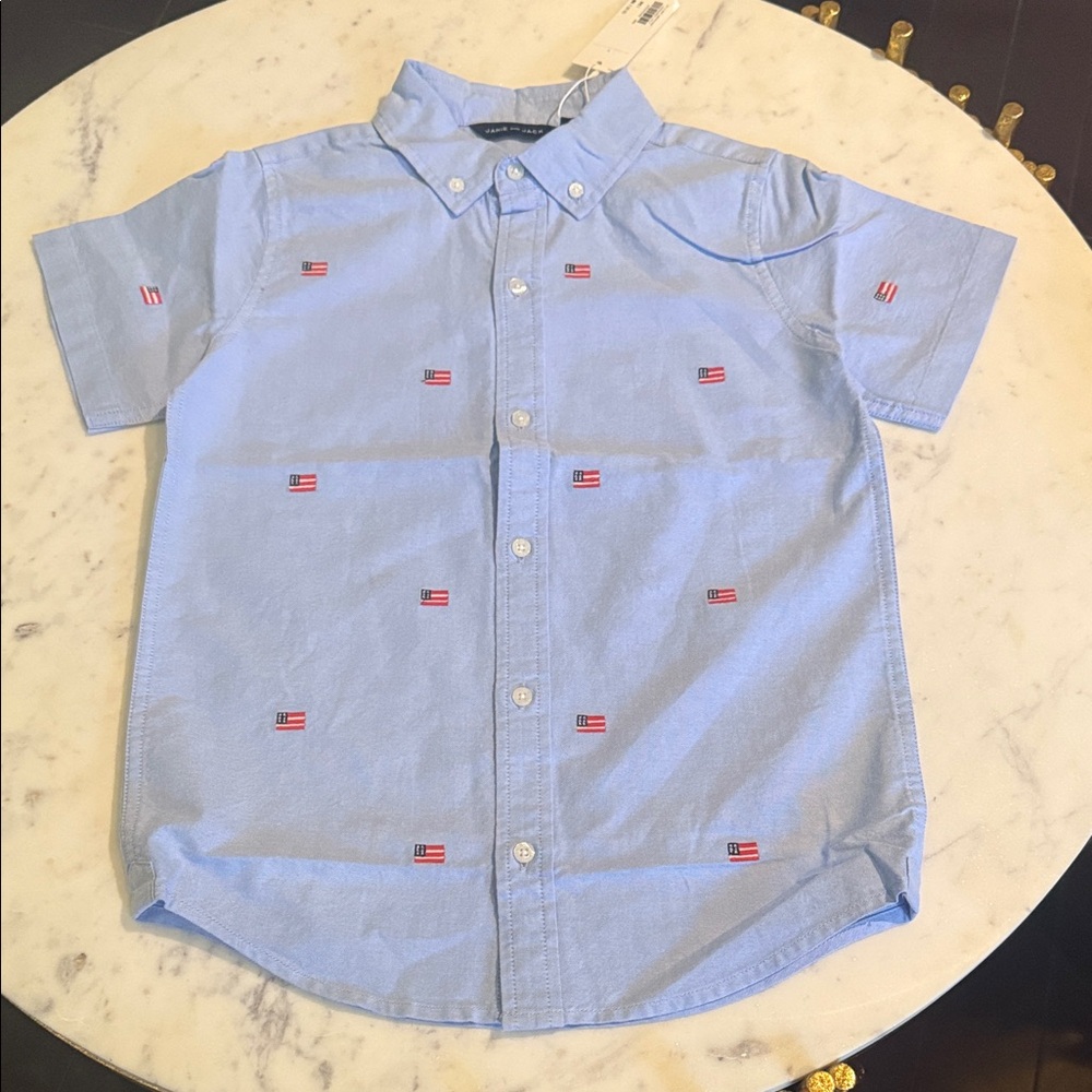 Janie and Jack Light Blue Short Sleeve Button-Down Shirt with Flag Embroidery